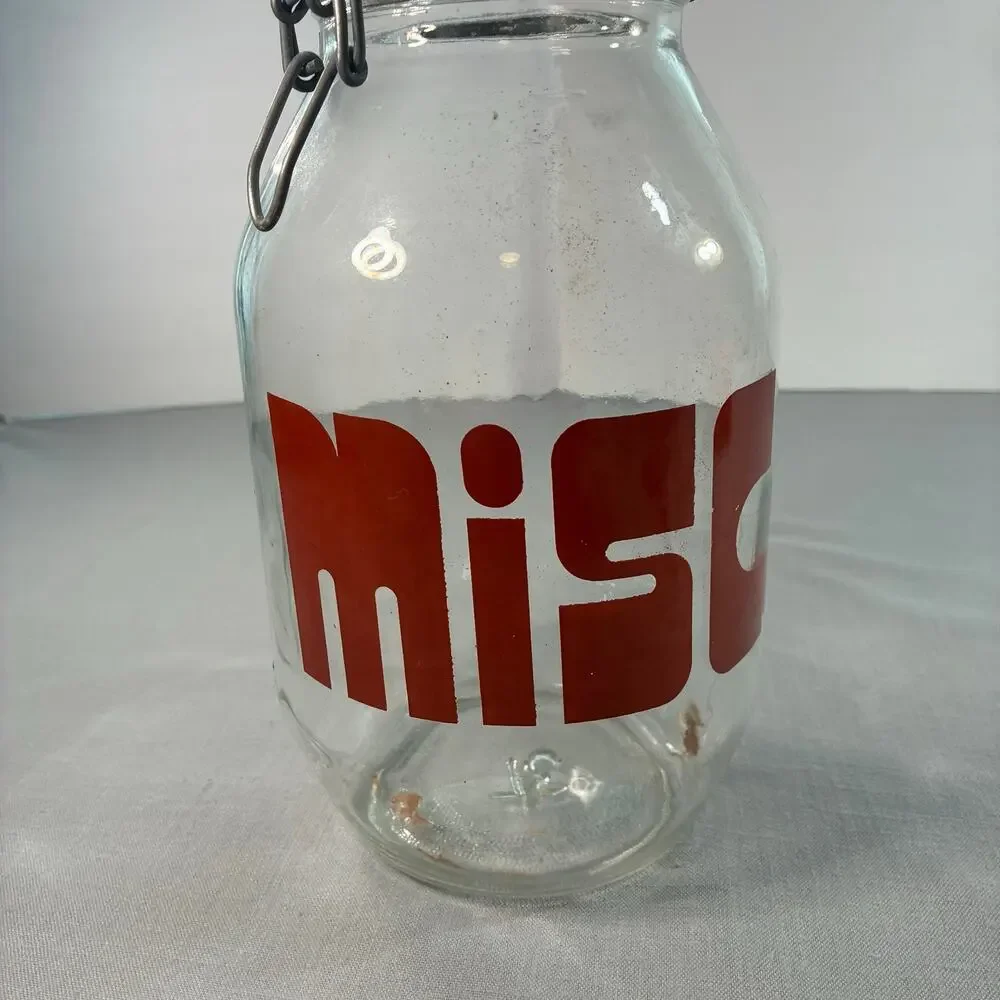 Vintage 3L Glass Storage Jar Clamp Lid Red Retro Graphic Kitchen Canister 11 In